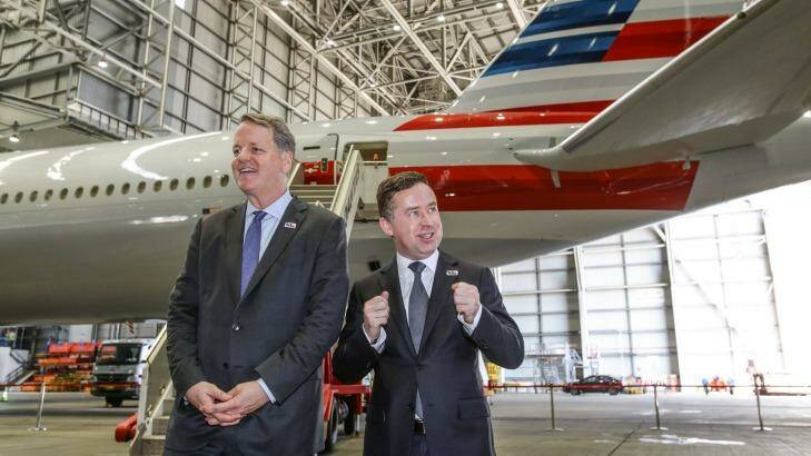 American Airlines chief executive Doug Parker, left, and Qantas boss Alan Joyce at Sydney Airport on Friday. Photo: Dallas Kilponen
