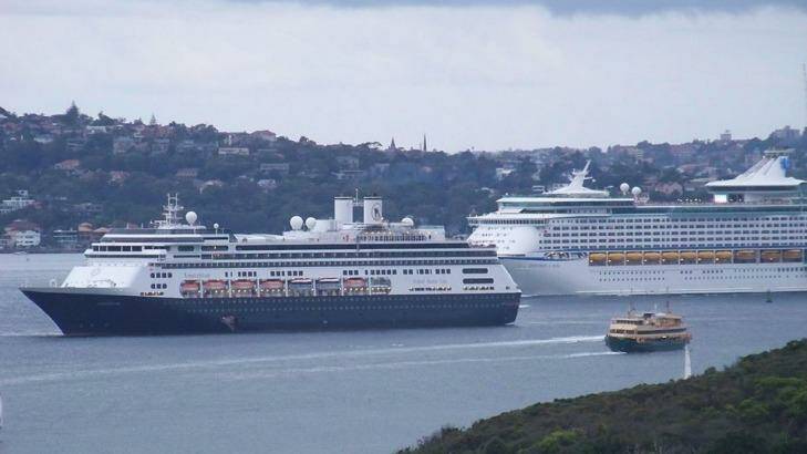 MS Amsterdam came to an unscheduled stop to offload a sick passenger near Manly Cove. Photo: Steve Tucker