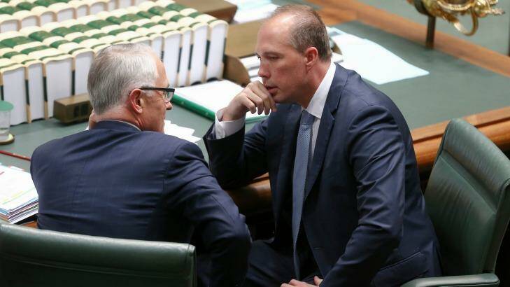 Prime Minister Malcolm Turnbull and Immigration Minister Peter Dutton in question time on Thursday. Photo: Alex Ellinghausen