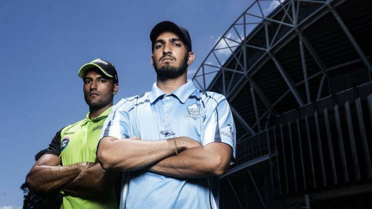 No stone unturned: Gurinder (green) and Harmon (blue) Sandhu. Harmon is undertaking an arduous training routine as he chases his cricket dreams. Photo: Nic Walker