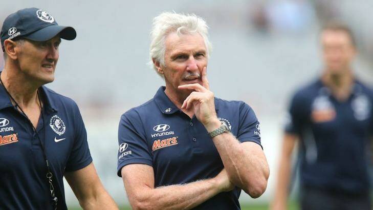 Mick Malthouse ponders his next move during Carlton's loss to Melbourne Photo: Pat Scala