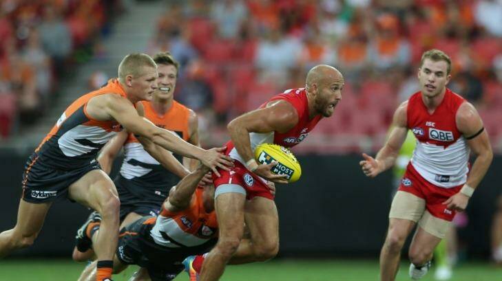 Jarrad McVeigh makes a break during the game against the Greater Western Sydney Giants. Photo: Anthony Johnson