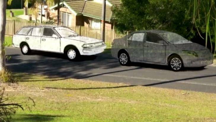An artist's impression of two cars seen in Benaroon Drive in Kendall on the morning William Tyrrell disappeared. Photo: 60 Minutes