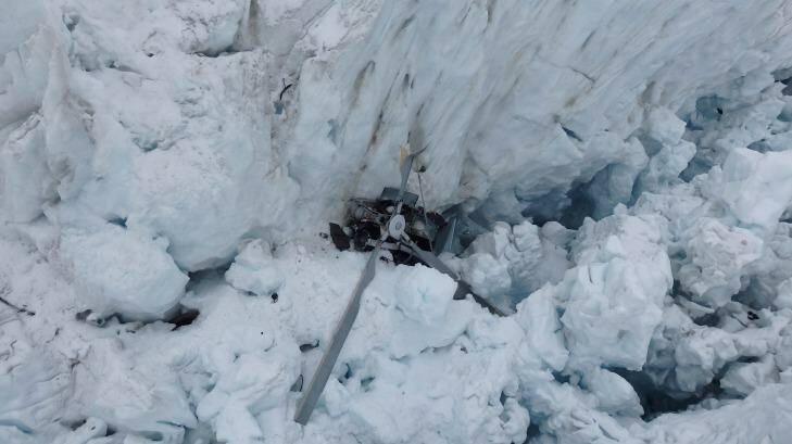 The wreckage of the helicopter which crashed killing all seven people on board in the crevasse on Fox Glacier. Photo: NZ Police