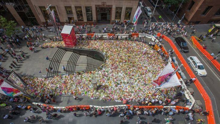 From above: flowers fill Martin Place on Thursday.  Photo: Cole Bennetts