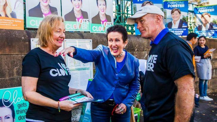 Clover Moore with volunteers at Crown Street Public School as she visited polling booths across inner Sydney on Saturday.  Photo: Anna Kucera