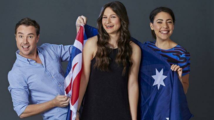 Australia's Junior Eurovision entrant Bella Paige (centre) with telecast hosts Toby Truslove and Ash London. Photo: Supplied