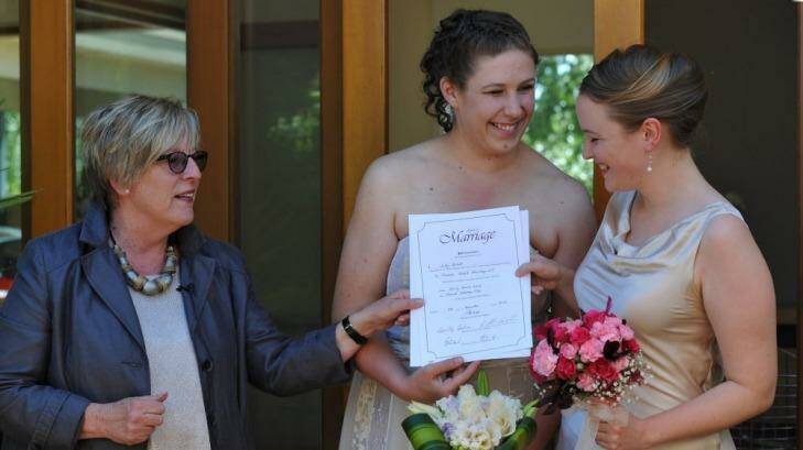 Ellie Filler, left, and Emily Jehne tied the knot in December last year.  Photo:  Graham Tidy