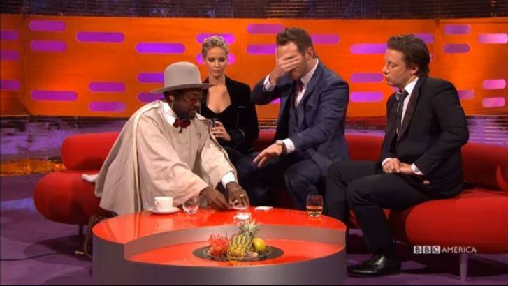 On the Graham Norton Show, Chris Pratt (centre) deminstrates to Will.i.am, Jennifer Lawrence and Jamie Oliver that he can perform 'the dark arts'. Photo: YouTube