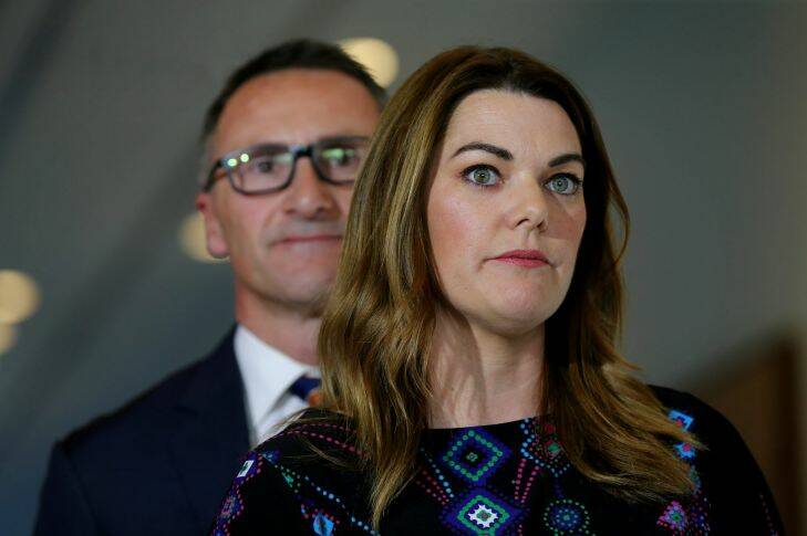 Senators Richard Di Natale and Sarah Hanson-Young address the media during a doorstop interview at Parliament House in Canberra on Wednesday 21 June 2017. fedpol Photo: Alex Ellinghausen 