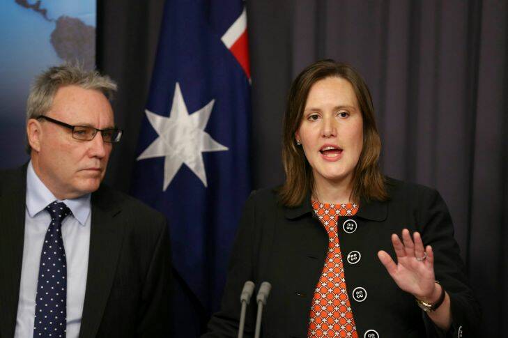 ATO Deputy Commissioner Michael Cranston and Minister for Small Business and Assistant Treasurer Kelly O'Dwyer during a press conference to discuss the Commonwealth Government????s $127 million Serious Financial Crime Taskforce at Parliament House in Canberra on Wednesday 14 October 2015. Photo: Alex Ellinghausen