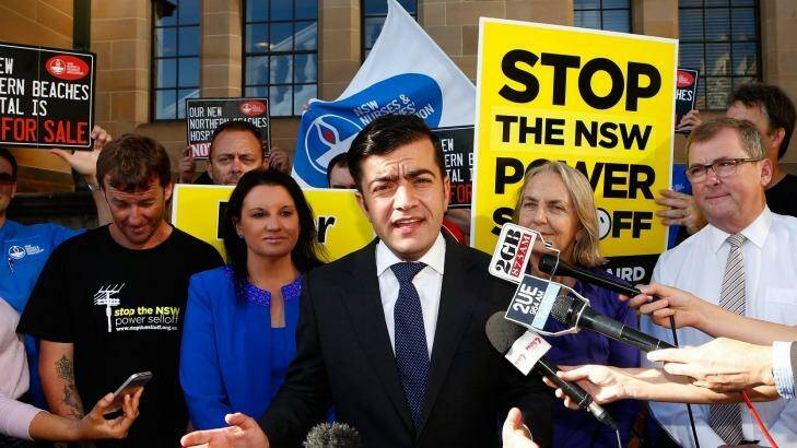Senator Sam Dastyari, flanked by independent Jacqui Lambie and the Greens' Lee Rhiannon, criticised Mike Baird for not attending the public hearing into asset recyclling on Wednesday. Photo: Daniel Munoz