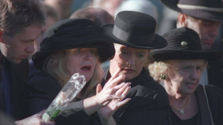 Carolyn Loughton at the funeral of her daughter, Sarah, a victim of the Port Arthur massacre, in 1996.

 Photo: Angela Wylie