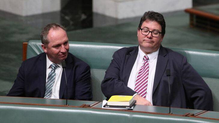 Deputy Prime Minister Barnaby Joyce and George Christensen during the 2nd reading of the Banking and Financial Services Commission of Inquiry Bill at Parliament House in Canberra on Thursday 15 June 2017. Photo: Andrew Meares 