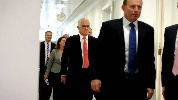 Prime Minister Malcolm Turnbull and former prime minister Tony Abbott at Parliament House in Canberra on Monday. Photo: Alex Ellinghausen