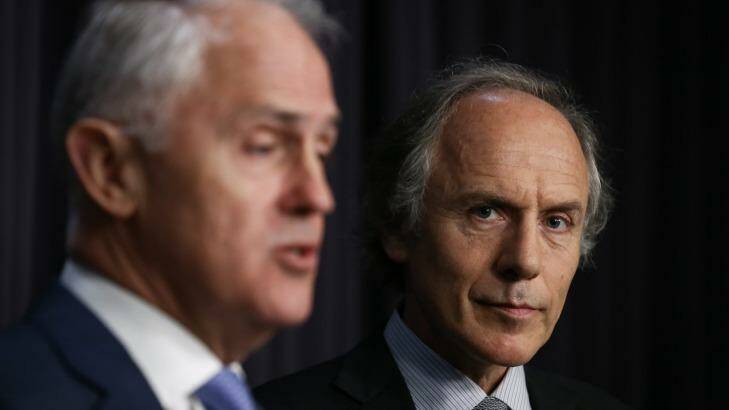 Prime Minister Malcolm Turnbull and Dr Alan Finkel address the media. Photo: Alex Ellinghausen