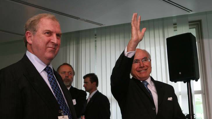 John Howard with Donnelly at the launch of <i>Dumbing Down</i>. Photo: Fairfaxsyndication.com