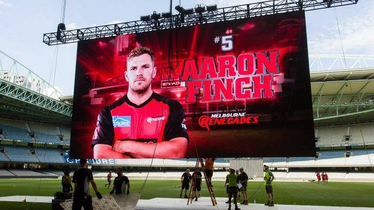 An image of 'Gades captain Aaron Finch is seen on the 'JumboTron' screen, ready to be installed from the roof of Etihad Stadium. Photo: Paul Jeffers