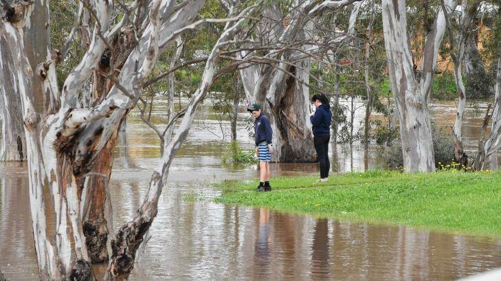 Residents check out floodwater in the riverside Victorian town of Charlton, which is at risk of further flooding in the coming days.  Photo: Joe Armao