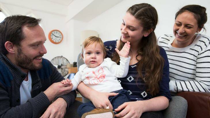 Au pair Annika Abraham with her host family Matthew Eglan, Amanda Buckland and one-year-old Lucy, in their Sydney home. Photo: Janie Barrett