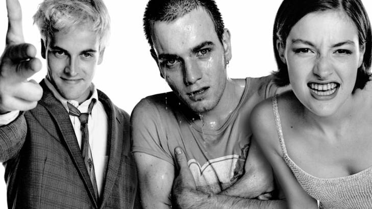 Miller as Sick Boy, left, with Ewan McGregor and Kelly Macdonald in the original <i>Trainspotting</i>.  Photo: Supplied 