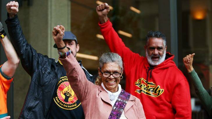 Aboriginal rights activist Jenny Munro smiles as she arrives at the Supreme Court on Thursday. Photo: Daniel Munoz