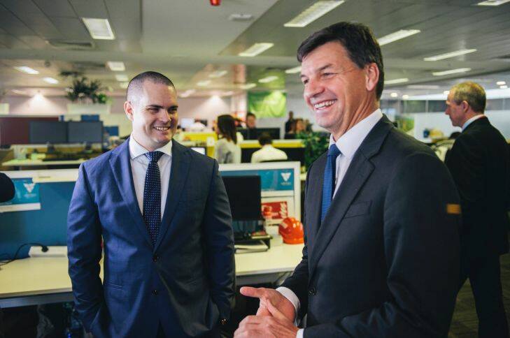 Assistant Minister for Cities and Digital Transformation, Angus Taylor, visits Canberra IT firm Veritec.
Angus Taylor with Veritec CEO Keiran Mott
