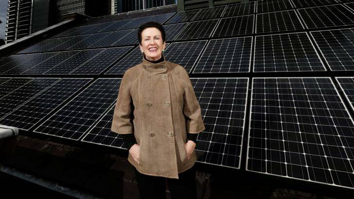 Clover Moore, Mayor of Sydney,  on the roof of Sydney Town Hall with solar panels.  Photo: Louise Kennerley