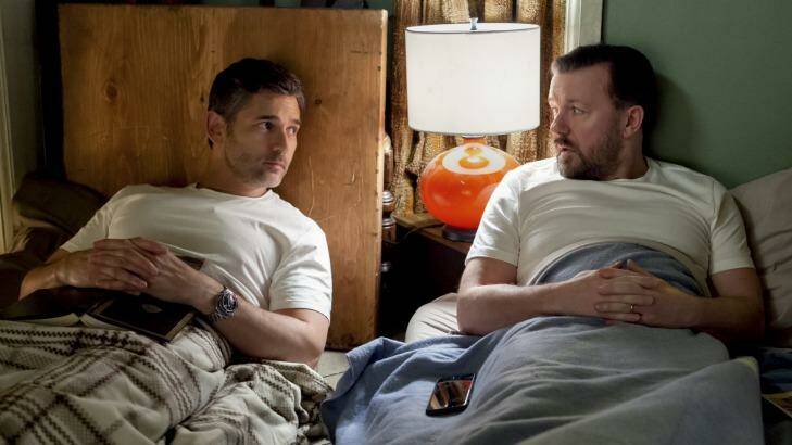 Erica Bana and Ricky Gervais in the new Netflix comedy, <i>Special Correspondents</i>. Photo: Netfilx