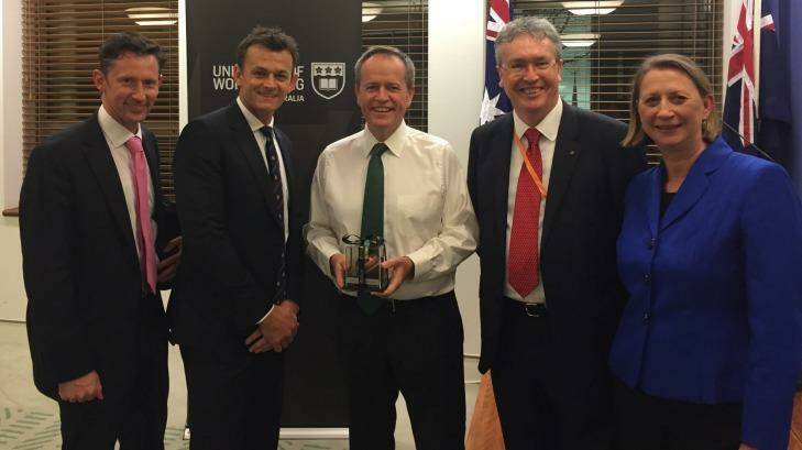 Adam Gilchrist (second from left) with Member for Throsby Stephen Jones, Opposition Leader Bill Shorten, University of Wollongong vice-chancellor Paul Wellings, and Member for Cunningham Sharon Bird. Photo: Supplied