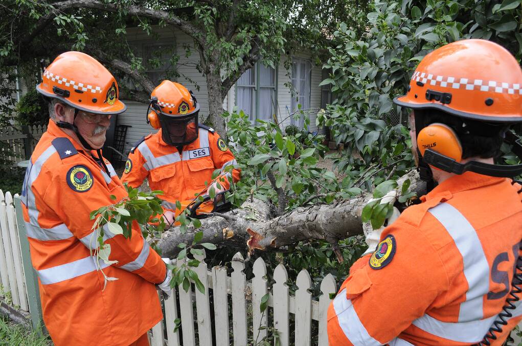 STORM DAMAGE: Bathurst State Emergency Service volunteers Wayne Bowden, Lochlan Rush and Charles Milne were tasked to remove a large tree branch off a picket fence at the corner of Browning and Rankin streets after a strong wind storm hit the city yesterday afternoon. Photo: CHRIS SEABROOK	 102714cses2
