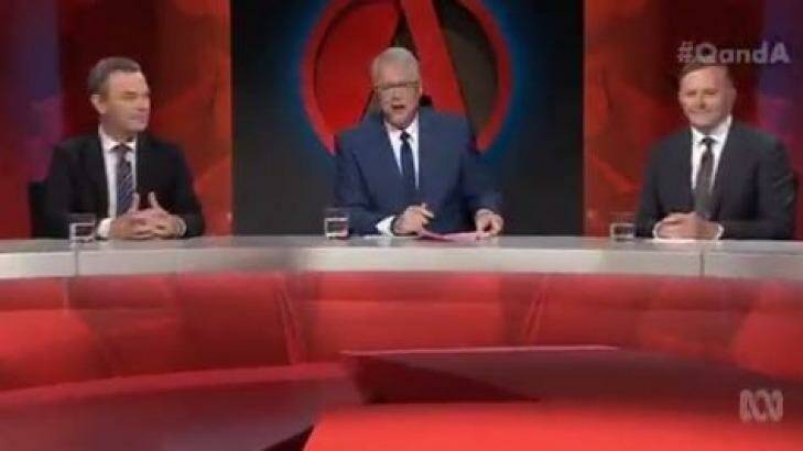 Love in ... Friendly political opponents Christopher Pine, left, and Anthony Albanese, right, were jousting jokers on Q&A. Photo: ABC