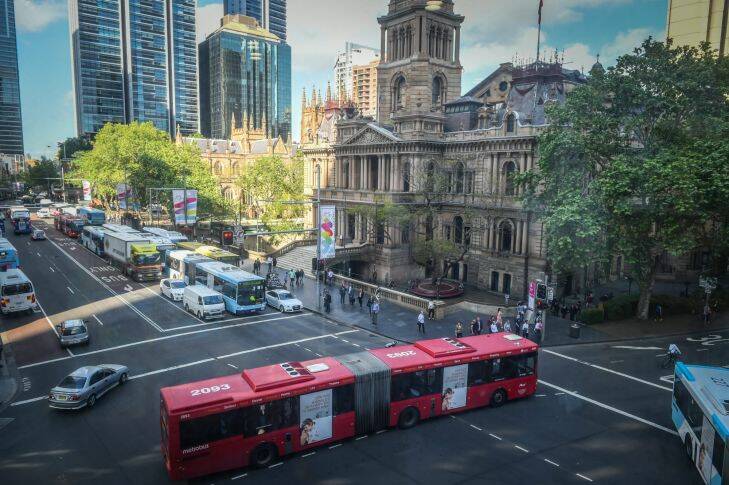 Buses along george street Sydney on the last business day before the road is closed for light rail construction.
Pic George and Druitt streets  sydney front of town hall showing buses. 
Photography Brendan Esposito
smh,news,2nd October,2015