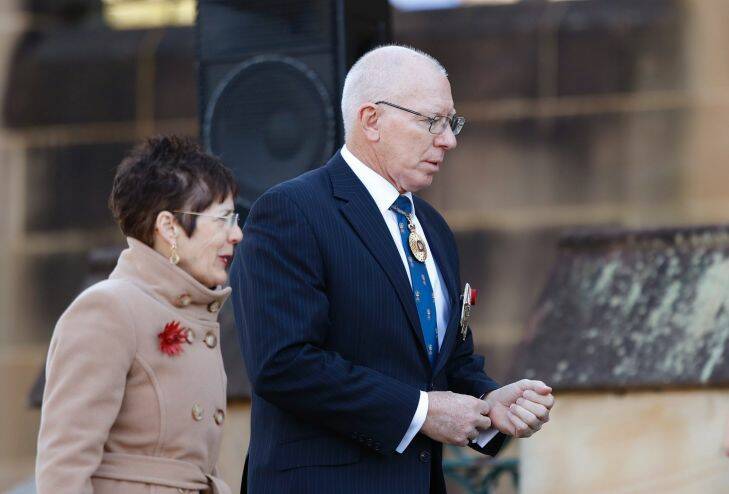 NSW Governor David Hurley arrives to the State Funeral for The Honourable John Richard Johnson at St Mary's Cathedral on August 18, 2017 in Sydney, Australia.  (Photo by Daniel Munoz/Fairfax Media)