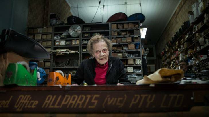 Jean Beanham, 92, at work at her desk at Modak Motorcycles.  Photo: Simon Schluter