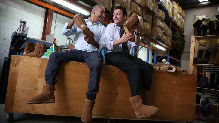Ugg boot manufacturer Eddie Oygur and Senator Nick Xenophon don a pair of ugg boots to highlight the upcoming battle against a US global footwear brand to use the word 'ugg'. Photo: James Alcock