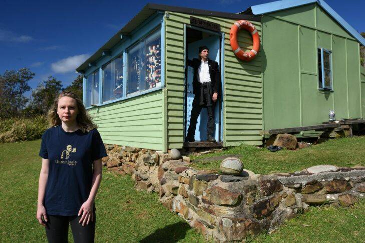 Artist Reg Mombassa (aka Chris O'Doherty) with his daughter and artist Lucy O'Doherty at the shacks at Garie Beach.
12th April 2017.
Photo: Steven Siewert Photo: Steven Siewert