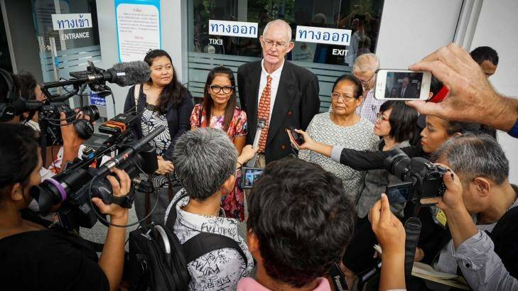 Alan Morison and Chutima Sidasathian with family and supporters at the courthouse in Phuket. Photo: Dan Miles