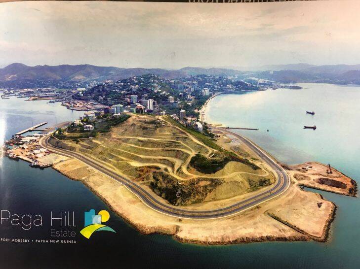Brochure for the Paga Hill development showing the headland that has been cleared for development.

Photo supplied?? 
For Heath Aston story on PNG resettlement?? 