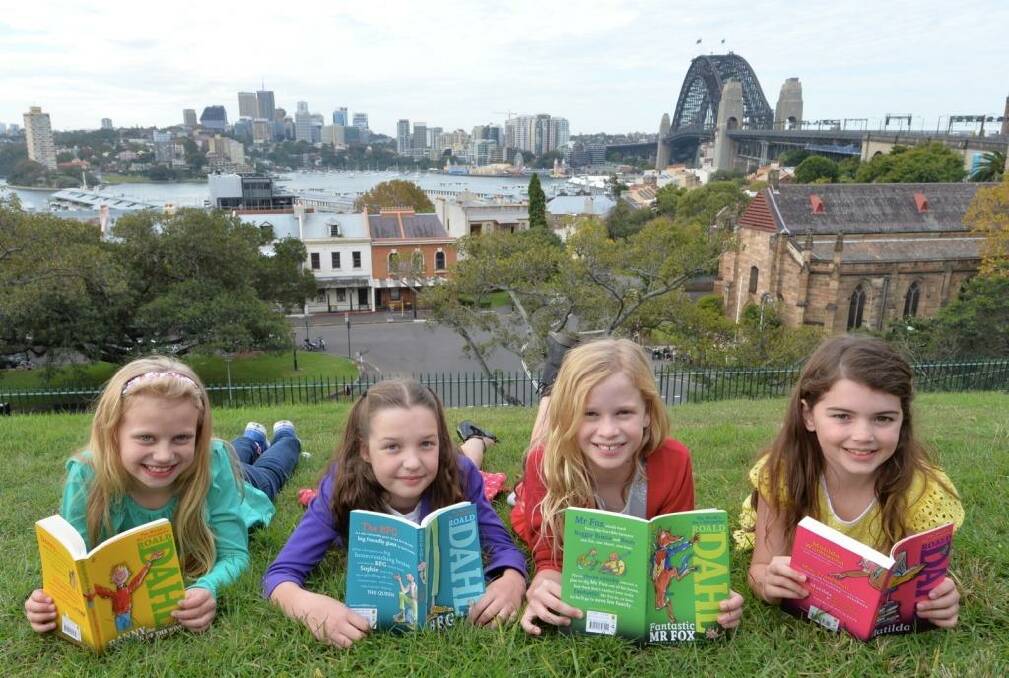 <i>Matilda the Musical</i> stars Georgia, Bela, Sasha and Molly at Sydney's Observatory Hill.
 Photo: James Morgan