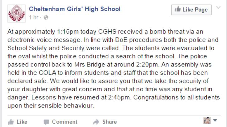 Cheltenham Girls High School confirmed it had received a bomb threat via its Facebook page. Photo: Facebook