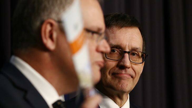 Treasurer Scott Morrison releases the government's response to the competition policy review with review author Professor Ian Harper at Parliament House on Tuesday. Photo: Andrew Meares