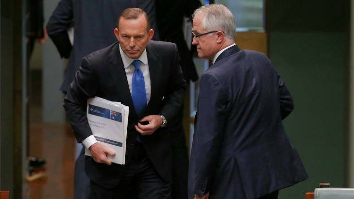 Tony Abbott and Malcolm Turnbull on the day of the Liberal leadership spill, in September 2015. Photo: Alex Ellinghausen