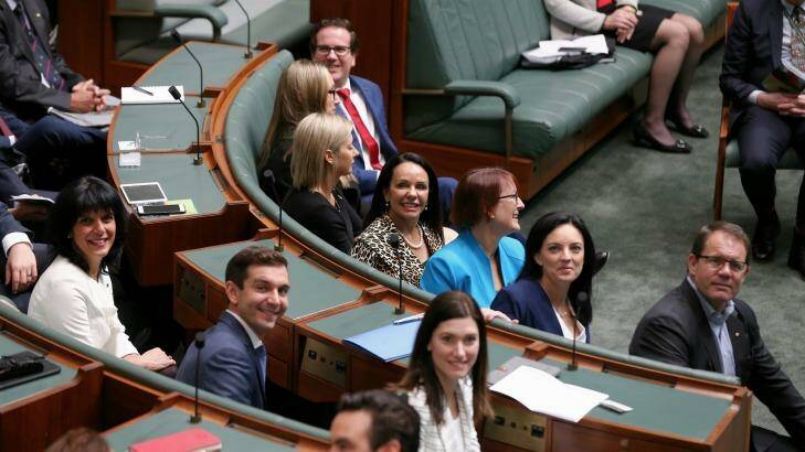 Say cheese: incoming MPs smile for the cameras on induction day. Photo: Alex Ellinghausen