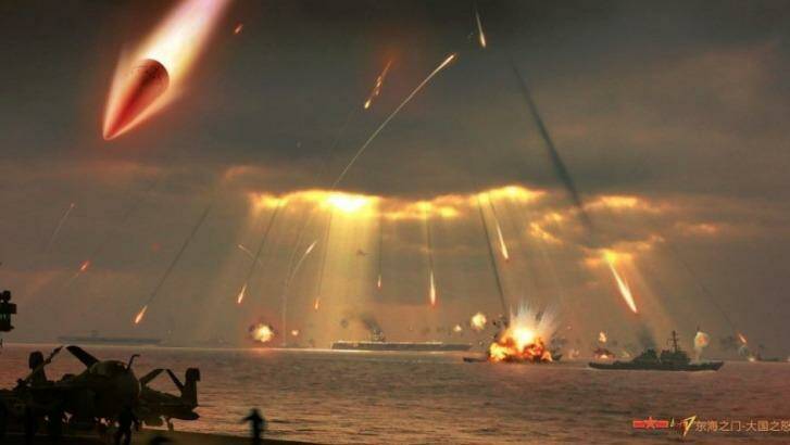 A depiction of China's feared DF-21D anti-ship missile taking out a fleet of US Navy ships - from a Chinese blog.  Photo: Supplied