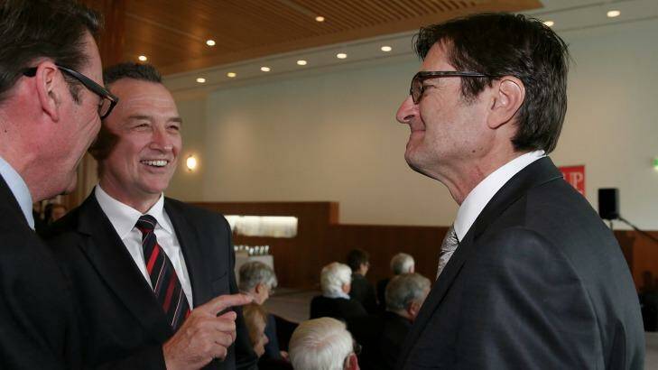Mr Combet (right) catchs up with another former Labor Minister Craig Emerson at the launch. Photo: Alex Ellinghausen