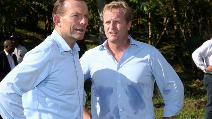 NRL CEO Dave Smith (R) with Prime Minister Tony Abbott. Photo: Alex Ellinghausen