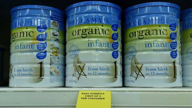 Cincotta Discount Chemist have posted notes infront of limited stocks of Bellamys Organic Baby formula in the store where they are limiting two tins to customer. Photo: Kate Geraghty
