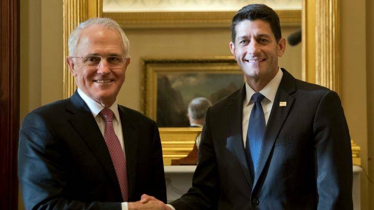 Australian Prime Minister Malcolm Turnbull meets House Speaker Paul Ryan at his office on Capitol Hill in Washington. Photo: Manuel Balce Ceneta