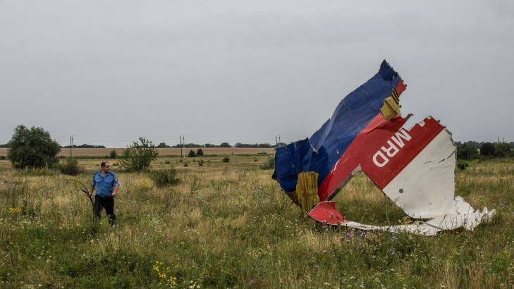 A Ukrainian police officer searches the crash site of flight MH17. Photo: Brendan Hoffman